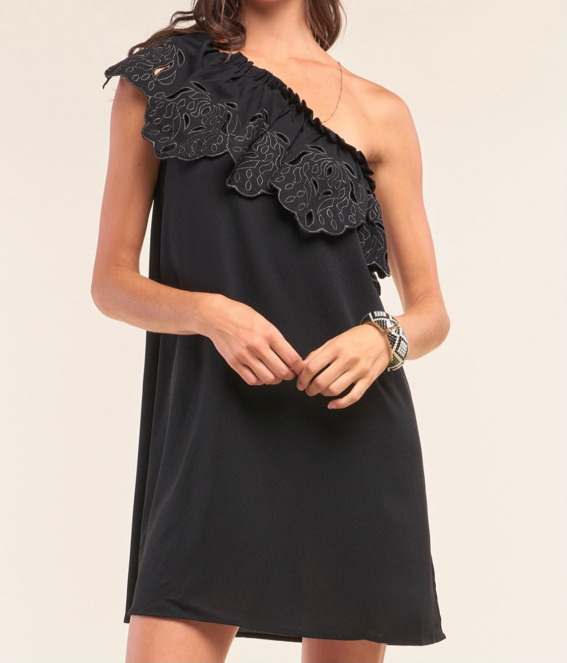 Black One Shoulder Flare Sleeveless Dress