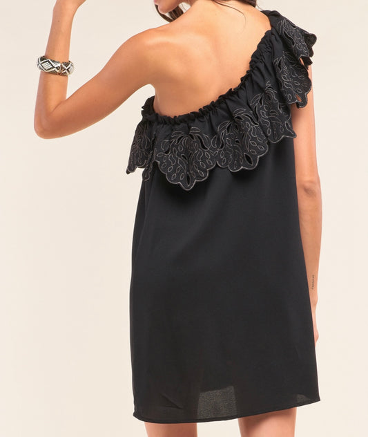 Black One Shoulder Flare Sleeveless Dress