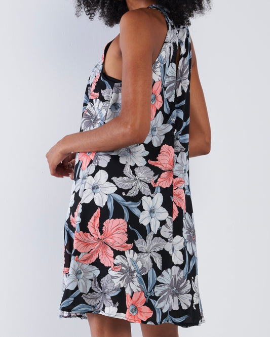 Black Flower Print Sleeveless Round Neck Dress