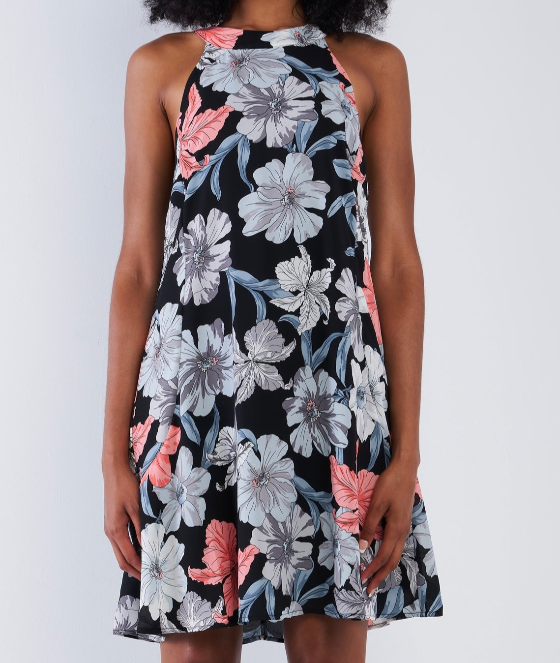 Black Flower Print Sleeveless Round Neck Dress