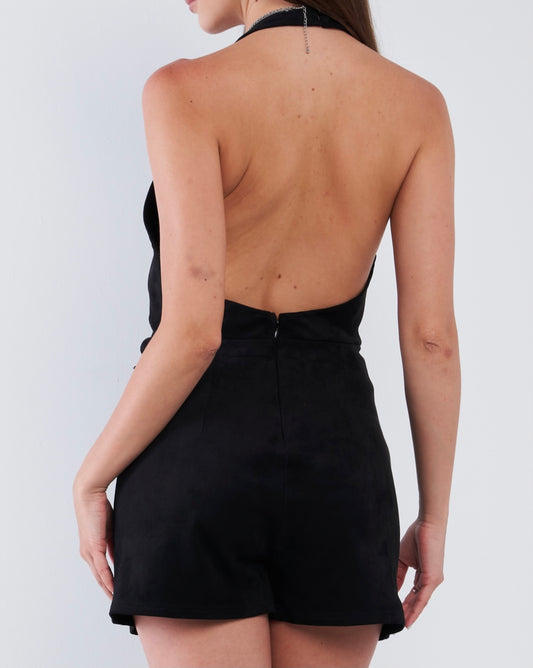 Black Suede Front Knott V-Neck Romper