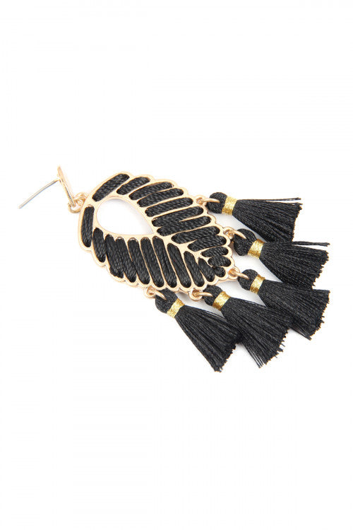 Black Leaf Tassel Earrings