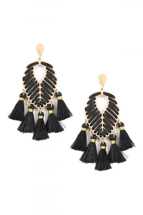 Black Leaf Tassel Earrings