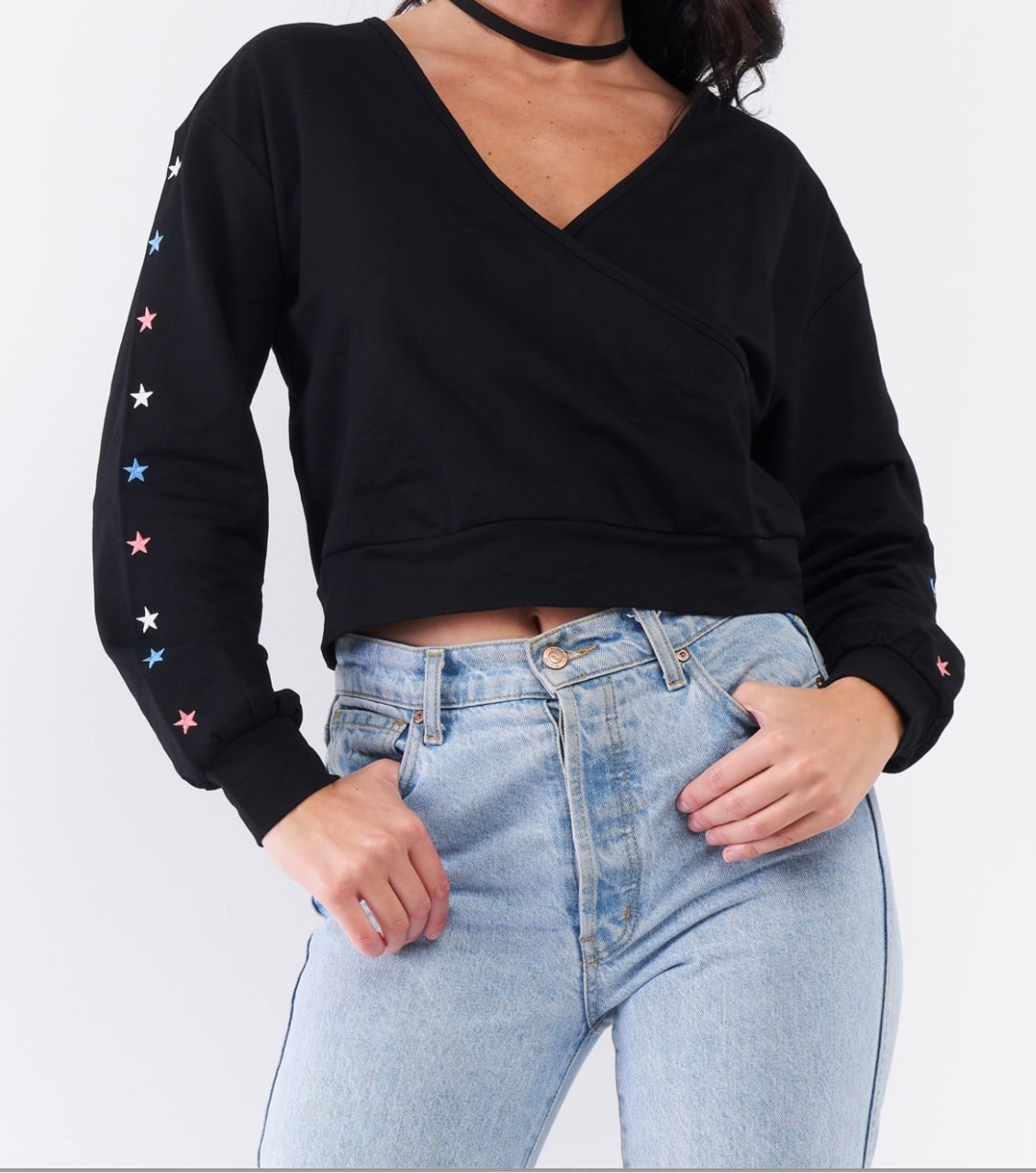 Black Star Long Sleeve Crop Sweatshirt