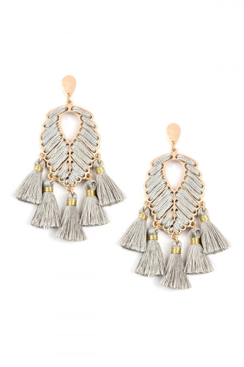 Gray Leaf Tassel Earrings