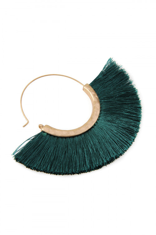 Green Teal Fan Tassel Hoop Earrings