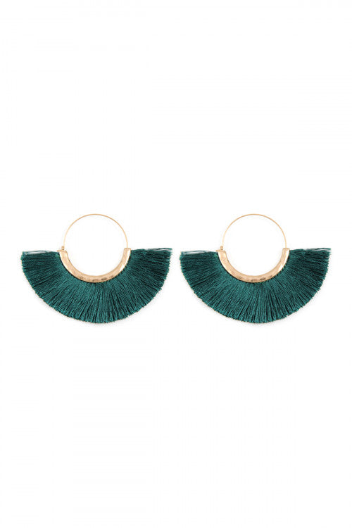 Green Teal Fan Tassel Hoop Earrings