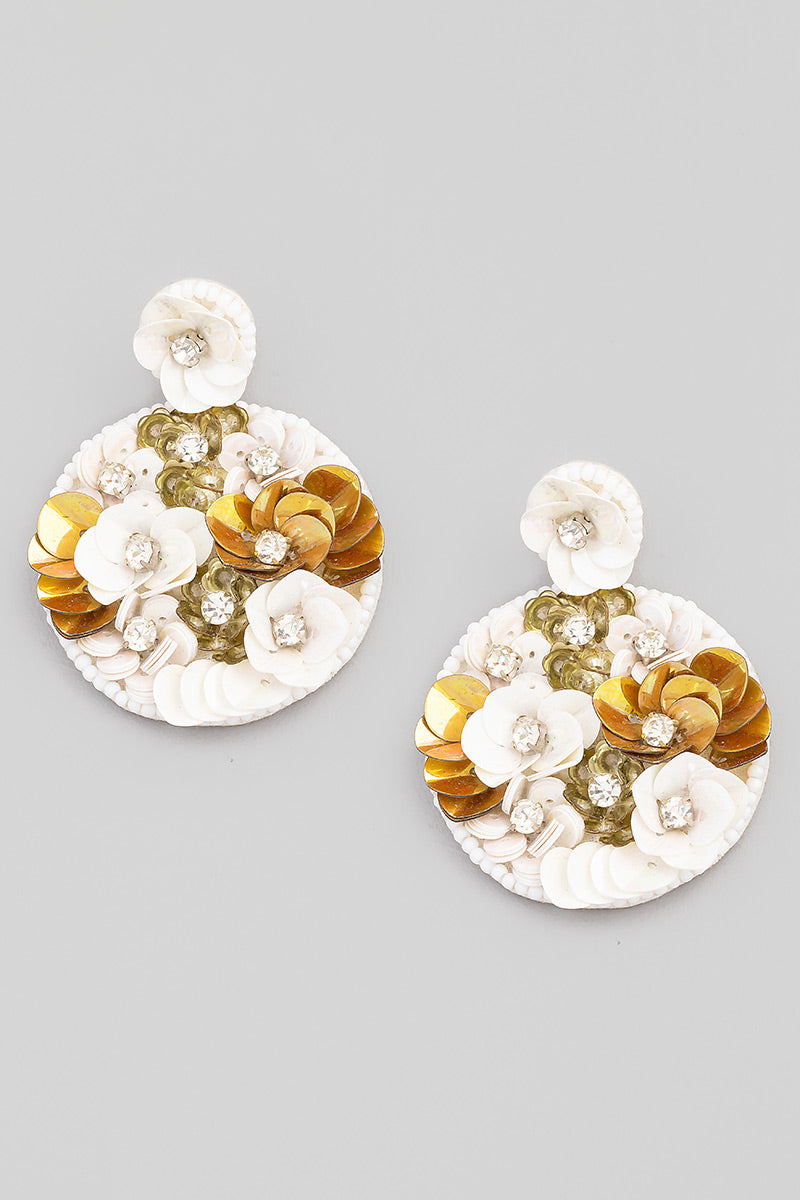 White Beaded Flower Earrings