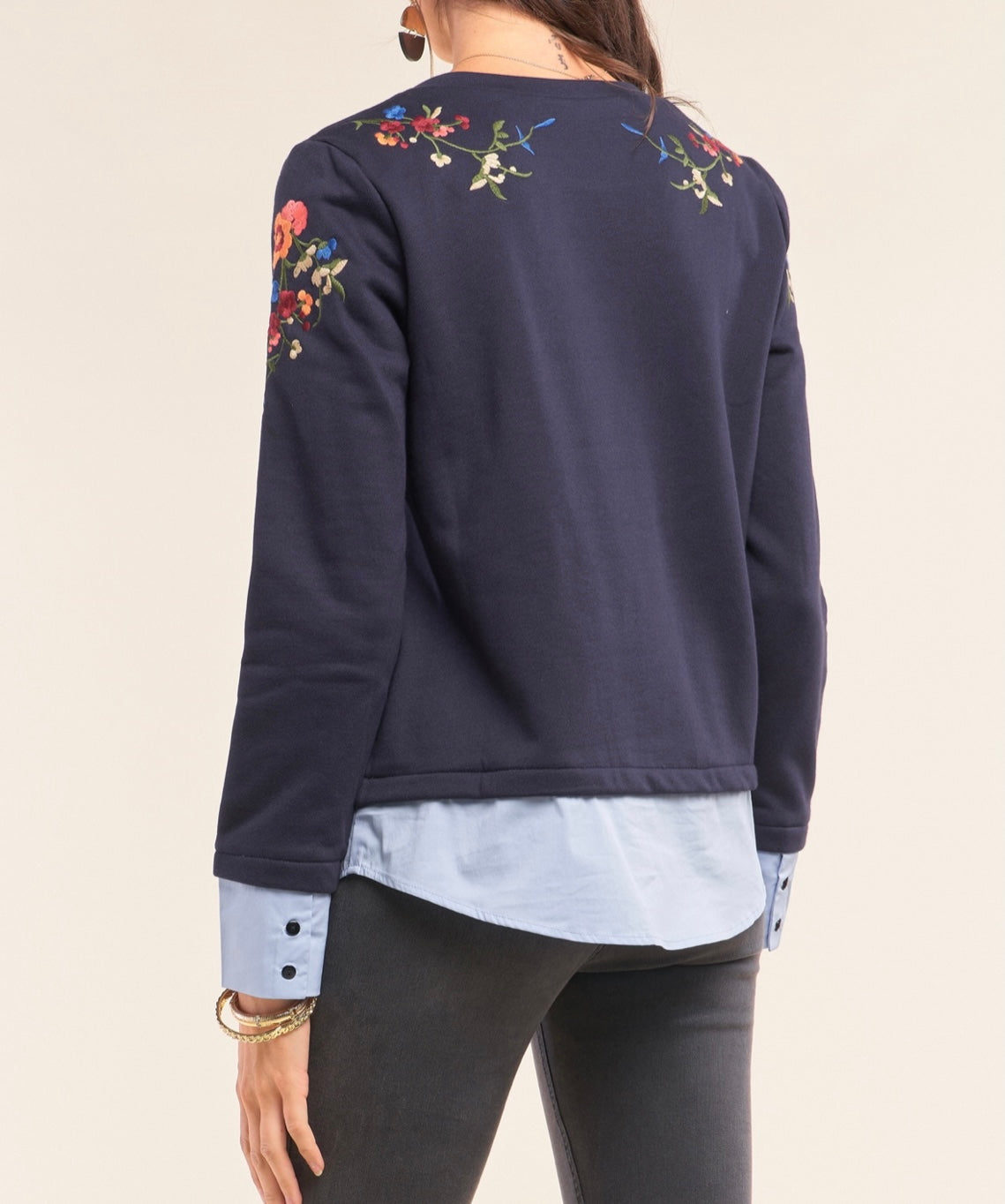 Navy Floral Embroidery  Long Sleeve Top