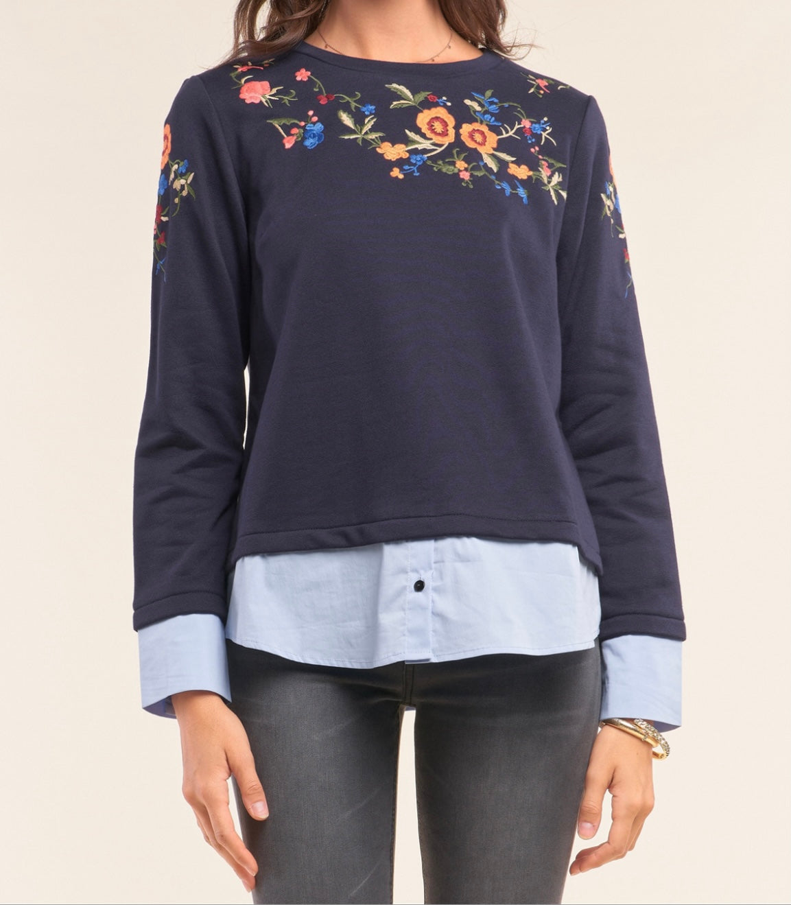 Navy Floral Embroidery  Long Sleeve Top