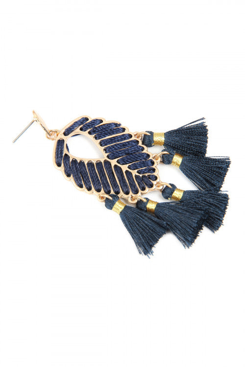 Navy Leaf Tassel Earrings