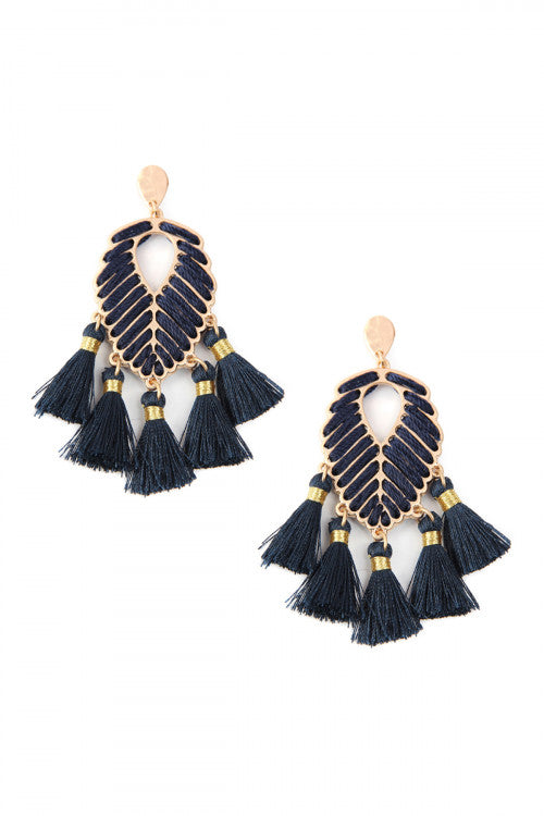 Navy Leaf Tassel Earrings