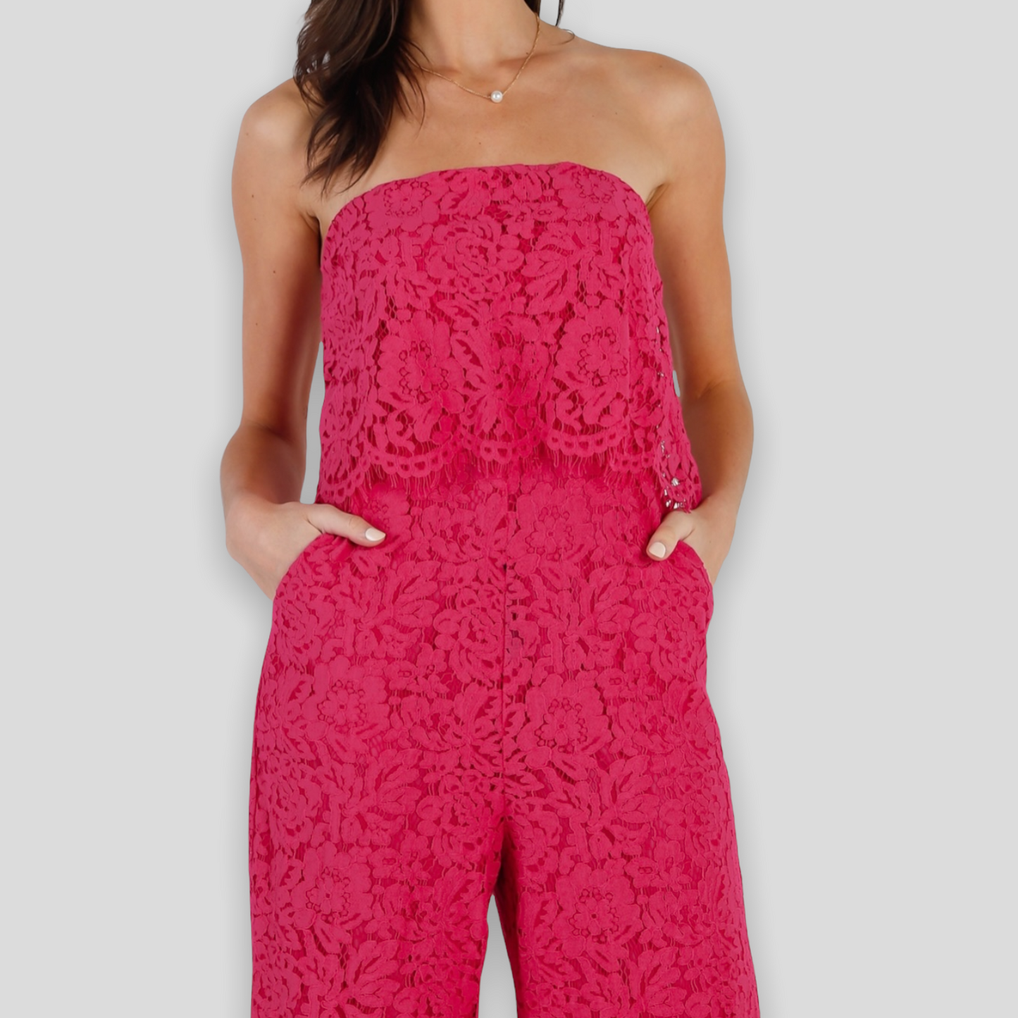 Fuchsia Lace Strapless Jumpsuit