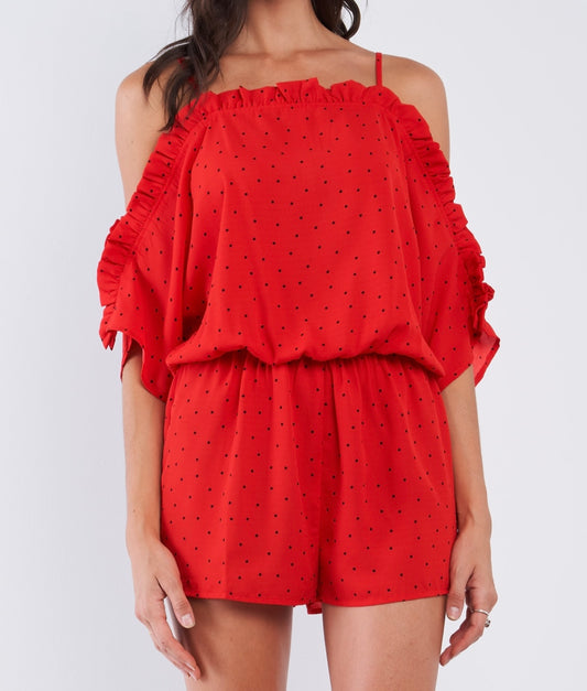 Red Black Dot Print Romper