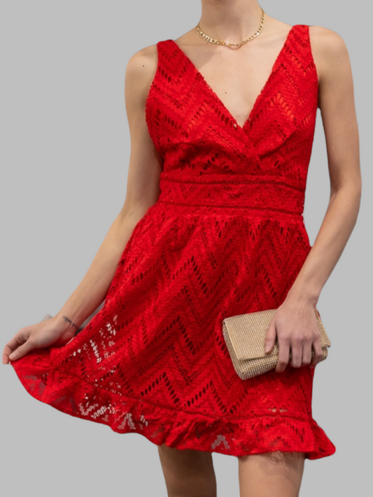 Red Embroidered V-Neck Dress