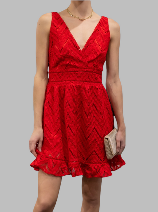 Red Embroidered V-Neck Dress