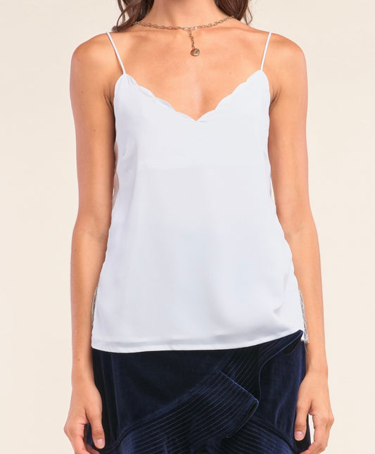 White Sleeveless Scallop V-Neck Top