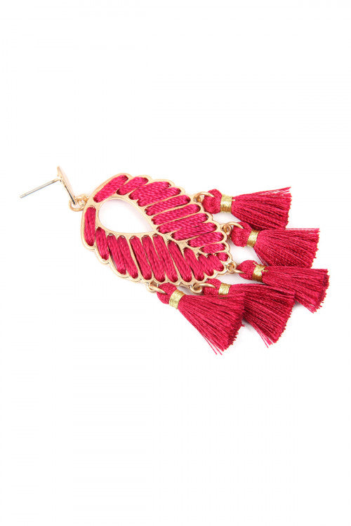 Fuchsia Leaf Tassel Earrings